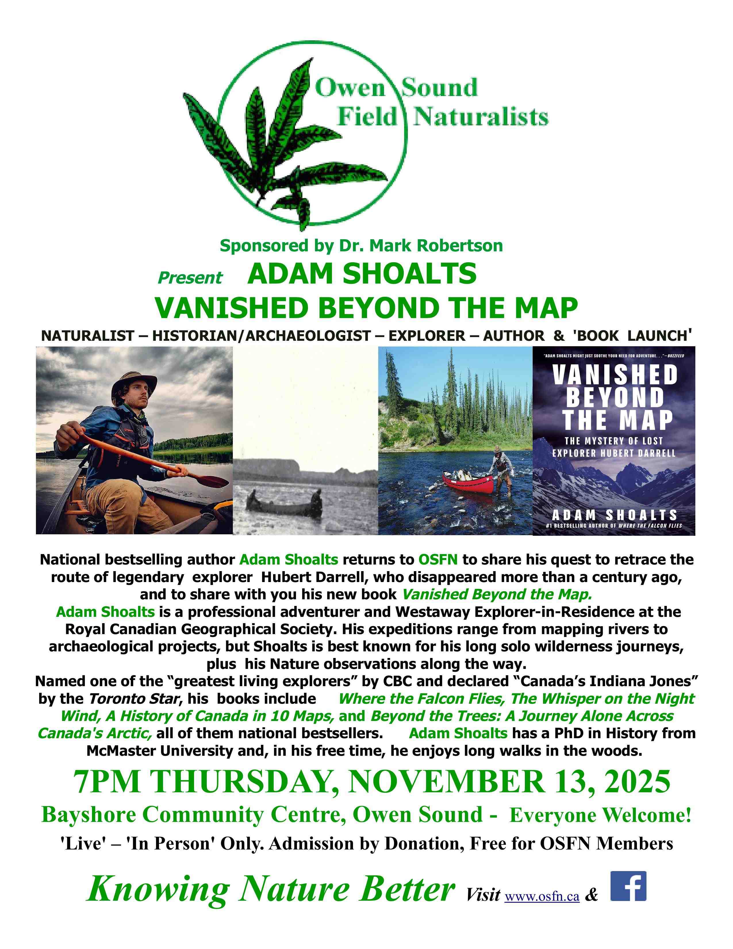 Event image Owen Sound Field Naturalists present Adam Shoalts